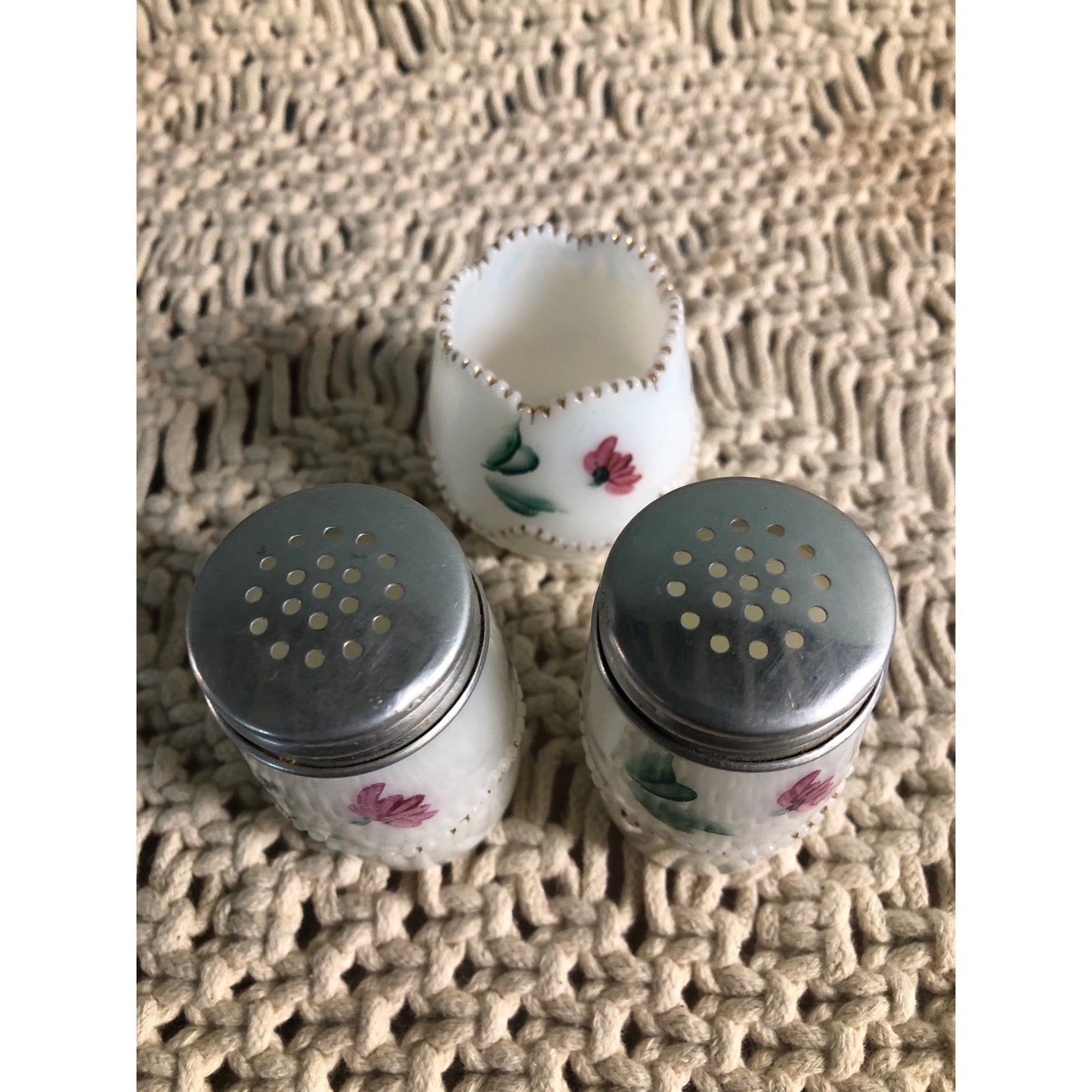Antique Milk Glass Condiment Set Mustard Salt and Pepper Hand Painted