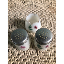 Load image into Gallery viewer, Antique Milk Glass Condiment Set Mustard Salt and Pepper Hand Painted