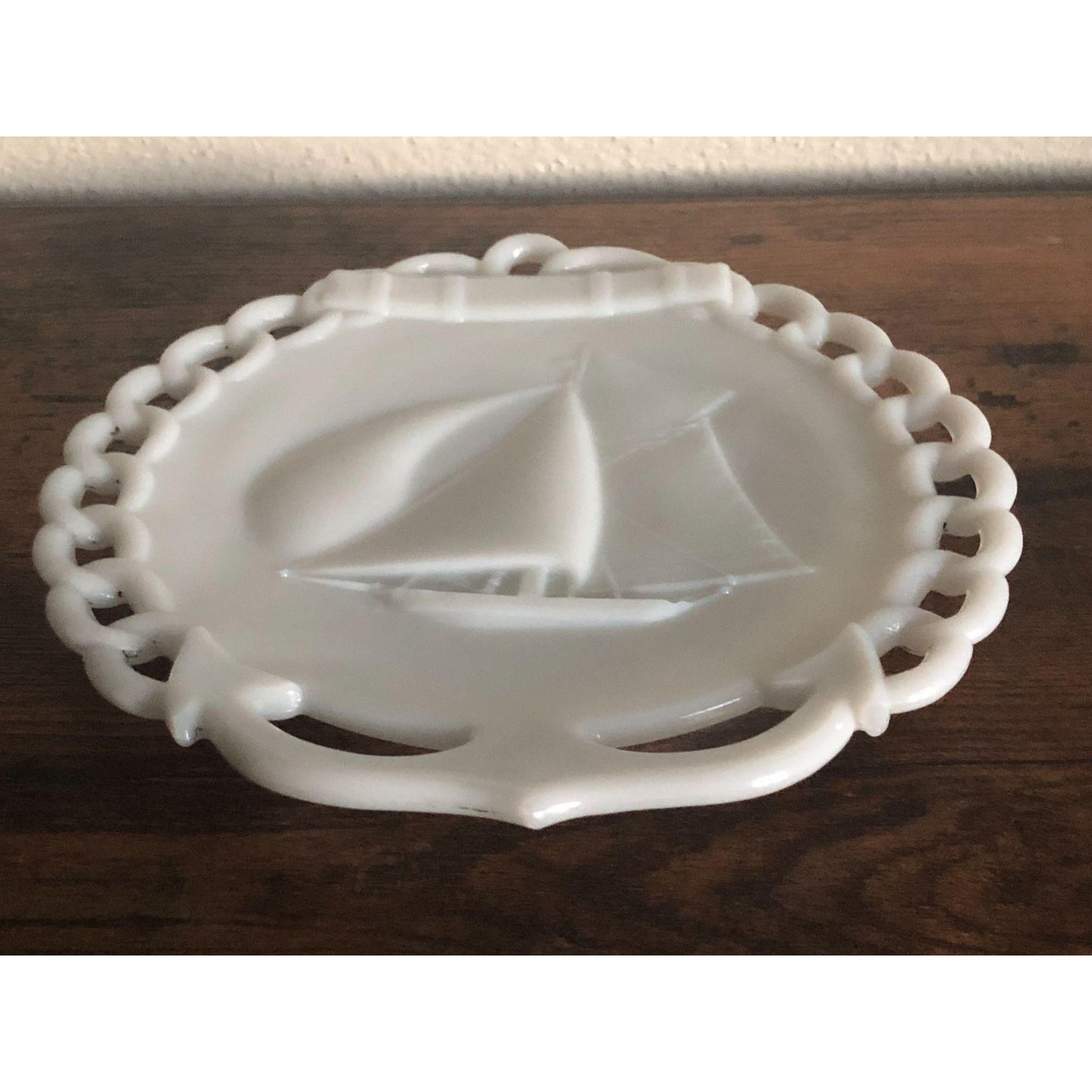 Vintage 1970s Westmoreland Milk Glass Yacht Sailboat with Anchor Plate, Collectible Glass