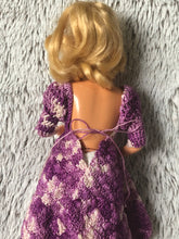 Load image into Gallery viewer, 1960s Vintage Mattel Barbie Blue Eyes Blond Hair TNT style, with Hand Crochet Purple Dress, made in Taiwan, Great Condition