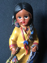 Load image into Gallery viewer, Vintage Native American Girl Figurine in Yellow Robe with Peace Pipe, Resin Mold, Hand Painted with Sun Symbol