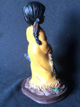 Load image into Gallery viewer, Vintage Native American Girl Figurine in Yellow Robe with Peace Pipe, Resin Mold, Hand Painted with Sun Symbol