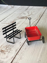 Load image into Gallery viewer, Miniature Dollhouse Metal Park Bench and Toy Wagon with Handle Set