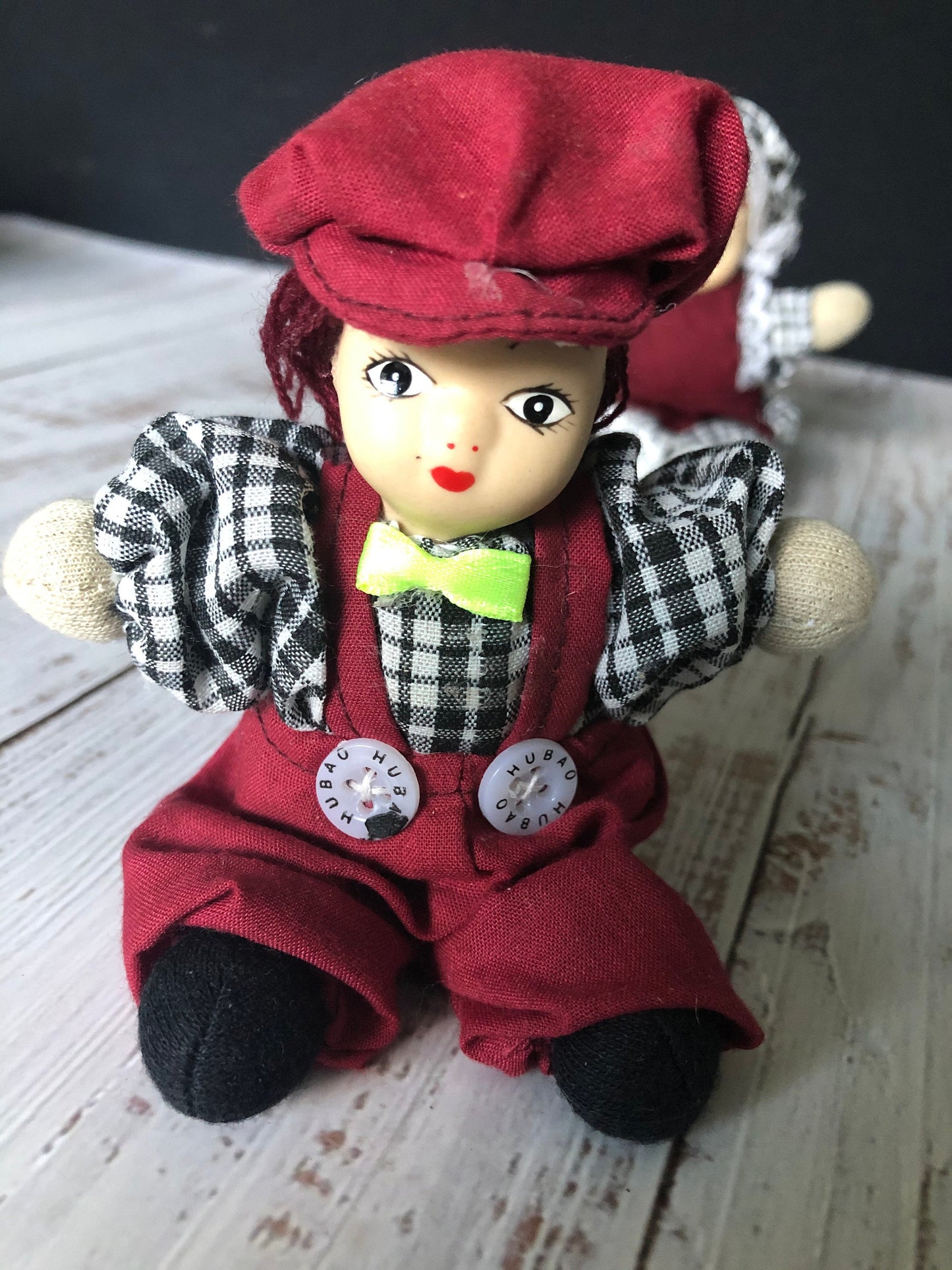 Hubao Miniature Set of Two Porcelain Bisque Dolls Boy and Girl in Burgundy