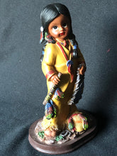 Load image into Gallery viewer, Vintage Native American Girl Figurine in Yellow Robe with Peace Pipe, Resin Mold, Hand Painted with Sun Symbol