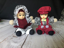 Load image into Gallery viewer, Hubao Miniature Set of Two Porcelain Bisque Dolls Boy and Girl in Burgundy