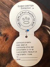 Load image into Gallery viewer, 1998 Purr-fection Cushy Critter by MJC. Baby Teddy Bear Named "Minky Jr." Style #2857