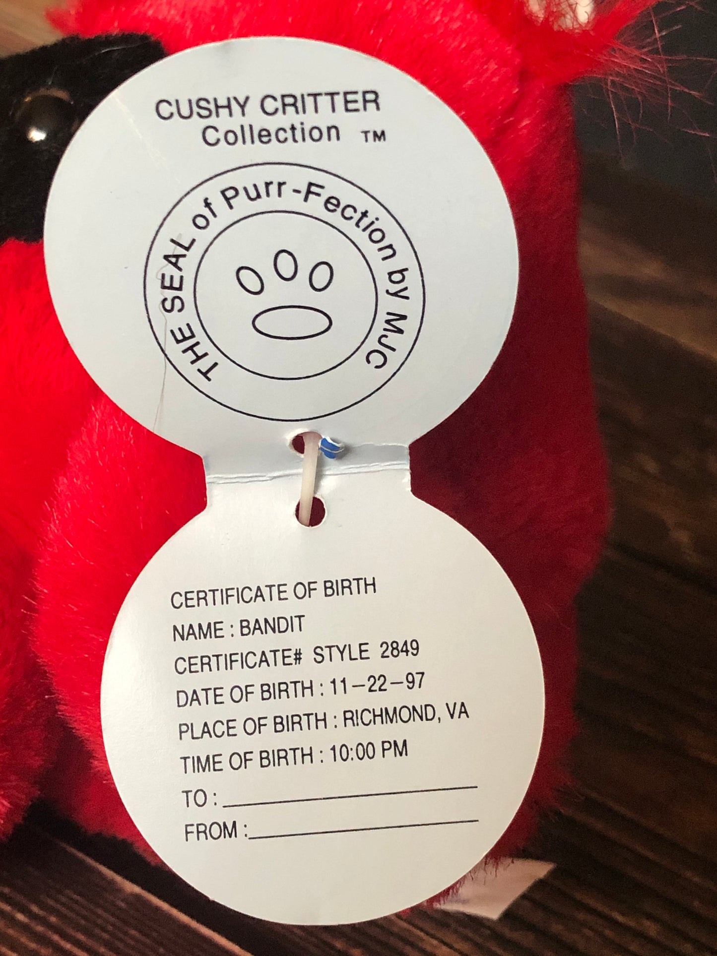 1999 Purr-fection Cushy Critter by MJC. A Baby Cardinal Named "Bandit" Style #2849