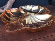 Load image into Gallery viewer, Vintage 1930s Jeannette Marigold Carnival Glass 3 leaf Clover Dish, Divided Serving Dish, Relish Dish, A Hors D'Deuvre Tray