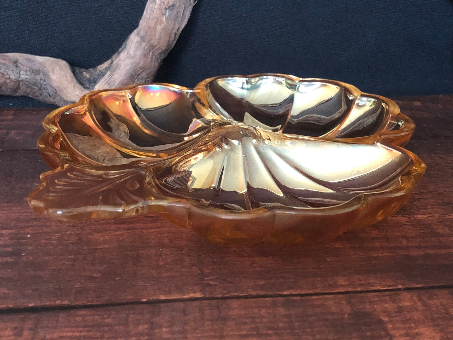 Vintage 1930s Jeannette Marigold Carnival Glass 3 leaf Clover Dish, Divided Serving Dish, Relish Dish, A Hors D'Deuvre Tray