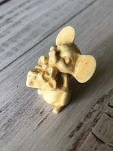Load image into Gallery viewer, Miniature Aged Off-White Big Eared Mouse with Swiss Cheese in a Bow Figurine, Itty Bitty Mouse with Cheese, Tiny Mouse and Cheese