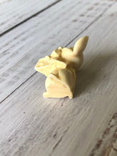 Load image into Gallery viewer, Miniature Aged Off-White Big Eared Mouse with Swiss Cheese in a Bow Figurine, Itty Bitty Mouse with Cheese, Tiny Mouse and Cheese
