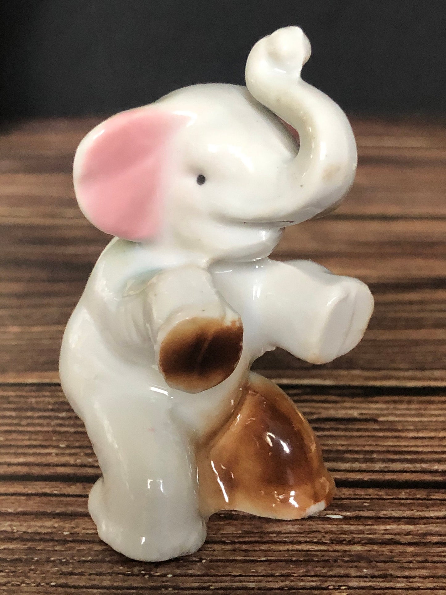 High Gloss Porcelain Elephant Sitting Trunk Up with Pink Ears Made in Japan