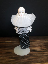 Load image into Gallery viewer, Vintage Porcelain Bisque Pierrot Mime Harlequin Crying Clown on Metal Doll Stand