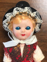 Load image into Gallery viewer, Vintage Pilgrim Doll, Blinking Eye Doll, Hard Plastic Pilgrim Doll, Pilgrim Doll in Vintage Linen or Burlap Dress and Felt Hat