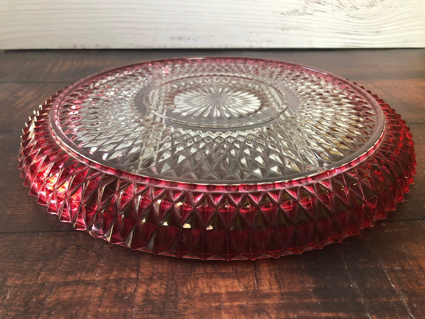 Indiana Glass Cranberry Red Flash Diamond Point Divided Dish Party Serving Tray, Pink and Clear Pickle Snack Relish Dish