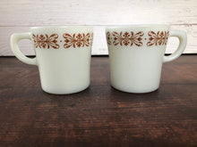 Load image into Gallery viewer, Pyrex White Milk Glass Copper Filigree Coffee Cups, Mid Century Milk Glass Pyrex Coffee Mugs (set of 2)
