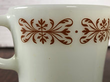 Load image into Gallery viewer, Pyrex White Milk Glass Copper Filigree Coffee Cups, Mid Century Milk Glass Pyrex Coffee Mugs (set of 2)
