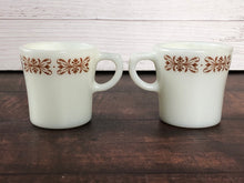 Load image into Gallery viewer, Pyrex White Milk Glass Copper Filigree Coffee Cups, Mid Century Milk Glass Pyrex Coffee Mugs (set of 2)