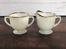 Load image into Gallery viewer, 1950s Fire King Gold Swirl Anniversary Cream & Sugar Bowls, MCM Vintage Milk Glass Set, Gold Trim Milk Glass, Vintage Anchor Hocking