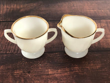 Load image into Gallery viewer, 1950s Fire King Gold Swirl Anniversary Cream & Sugar Bowls, MCM Vintage Milk Glass Set, Gold Trim Milk Glass, Vintage Anchor Hocking