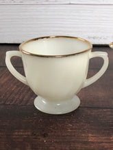 Load image into Gallery viewer, 1950s Fire King Gold Swirl Anniversary Cream & Sugar Bowls, MCM Vintage Milk Glass Set, Gold Trim Milk Glass, Vintage Anchor Hocking