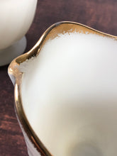 Load image into Gallery viewer, 1950s Fire King Gold Swirl Anniversary Cream & Sugar Bowls, MCM Vintage Milk Glass Set, Gold Trim Milk Glass, Vintage Anchor Hocking