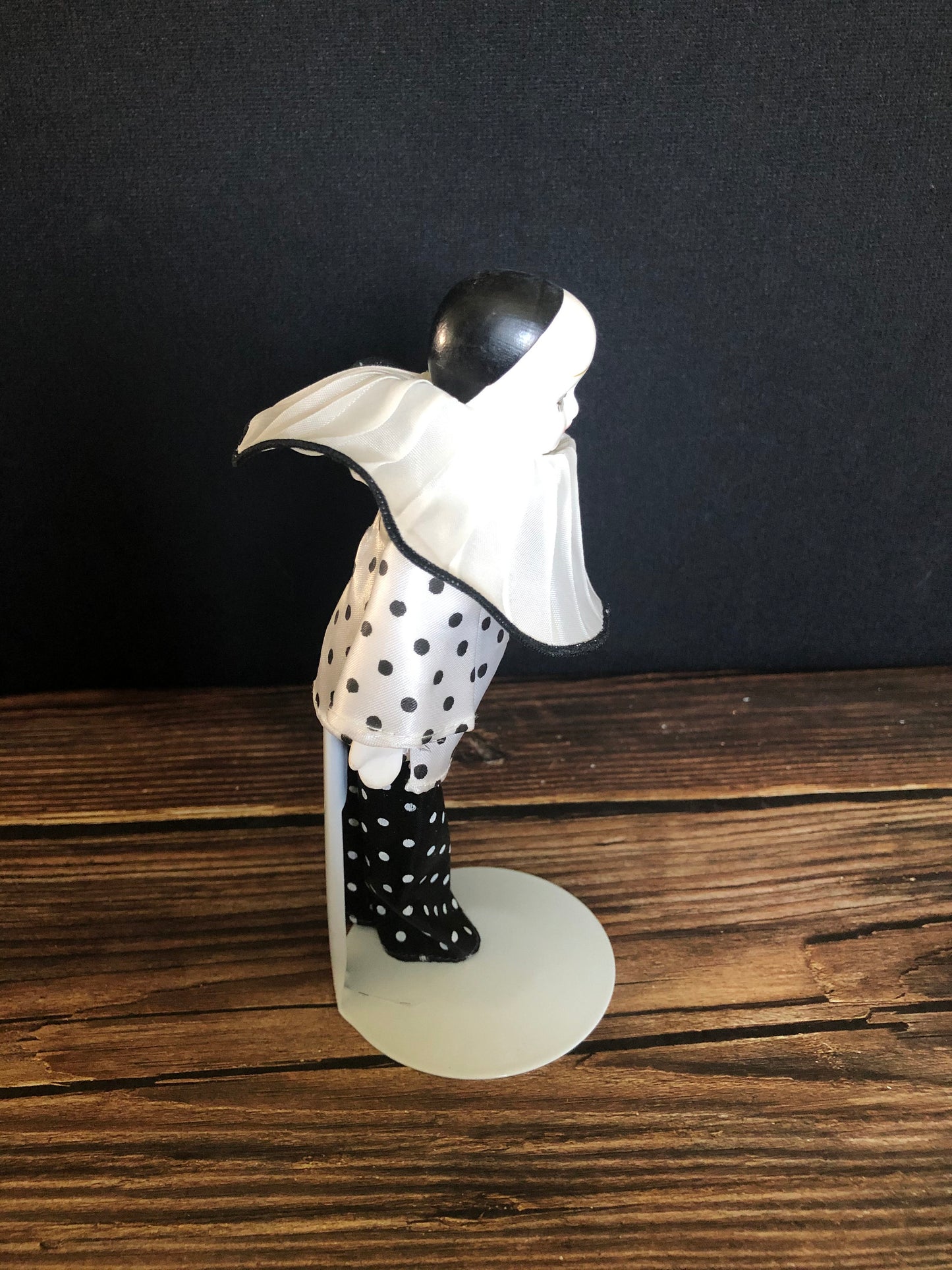 Vintage Porcelain Bisque Pierrot Mime Harlequin Crying Clown on Metal Doll Stand
