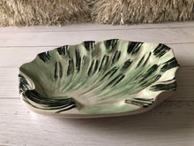 Load image into Gallery viewer, Mid Century Green and White Glazed Pottery Shell Shaped Ashtray, Vintage Extra Large Coffee Table Dish, Cigar Tray, Cigarette Tray