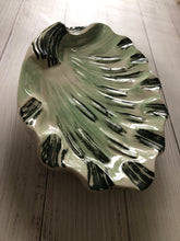 Load image into Gallery viewer, Mid Century Green and White Glazed Pottery Shell Shaped Ashtray, Vintage Extra Large Coffee Table Dish, Cigar Tray, Cigarette Tray