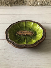 Load image into Gallery viewer, Mid Century Treasure Craft Round Trinket Dish Ashtray Brown Green Minnesota, Drip Glazed Pottery Cigarette Tray