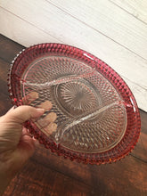 Load image into Gallery viewer, Indiana Glass Cranberry Red Flash Diamond Point Divided Dish Party Serving Tray, Pink and Clear Pickle Snack Relish Dish