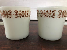 Load image into Gallery viewer, Pyrex White Milk Glass Copper Filigree Coffee Cups, Mid Century Milk Glass Pyrex Coffee Mugs (set of 2)