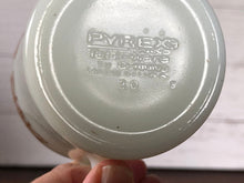 Load image into Gallery viewer, Pyrex White Milk Glass Copper Filigree Coffee Cups, Mid Century Milk Glass Pyrex Coffee Mugs (set of 2)