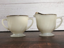 Load image into Gallery viewer, 1950s Fire King Gold Swirl Anniversary Cream & Sugar Bowls, MCM Vintage Milk Glass Set, Gold Trim Milk Glass, Vintage Anchor Hocking
