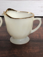 Load image into Gallery viewer, 1950s Fire King Gold Swirl Anniversary Cream & Sugar Bowls, MCM Vintage Milk Glass Set, Gold Trim Milk Glass, Vintage Anchor Hocking