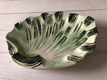 Load image into Gallery viewer, Mid Century Green and White Glazed Pottery Shell Shaped Ashtray, Vintage Extra Large Coffee Table Dish, Cigar Tray, Cigarette Tray