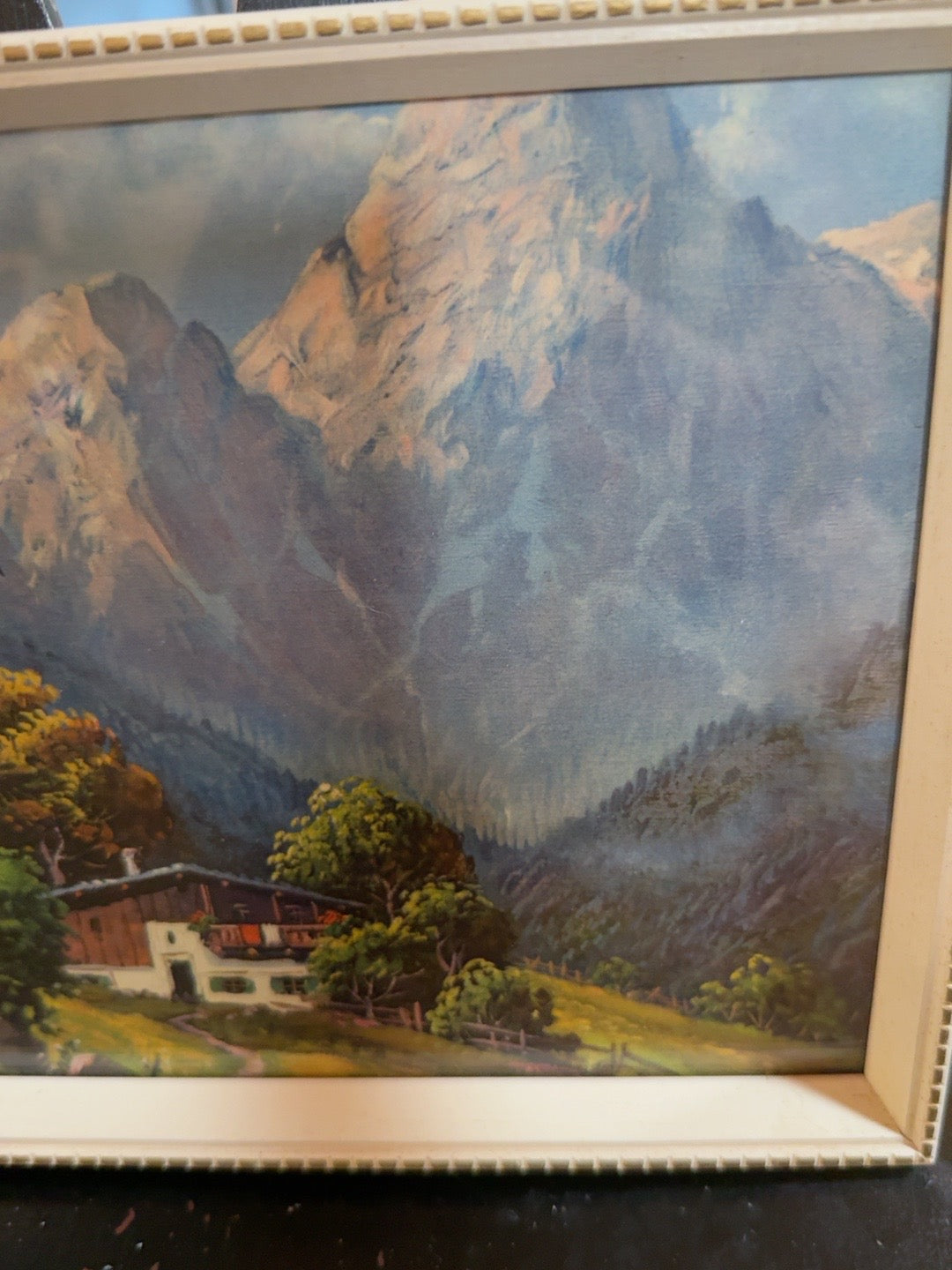Vintage Framed Alpine Chalet Mountain Landscape Print