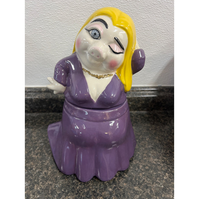 Ceramic Blond Winking Eyed Piggy in Purple Dress Cookie Jar