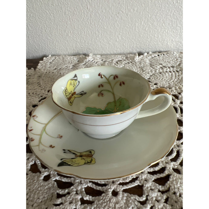 Vintage Demitasse Porcelain Hand Painted Teacup & Saucer With Green Leaves, Butterflies, and Gold Trim Made in Japan