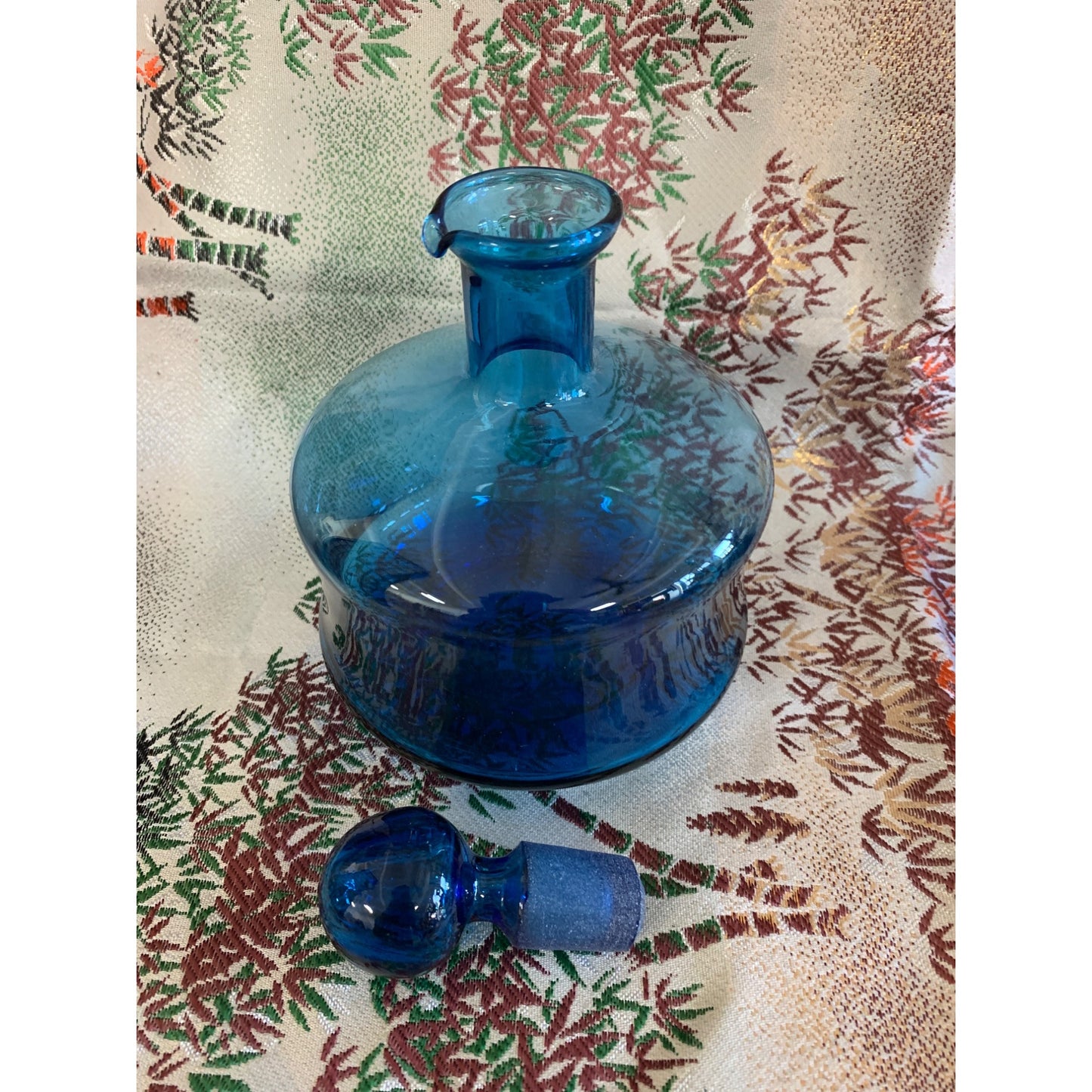 MCM Empoli Style Blue Blown Glass Squat 7” Decanter Bottle with Glasses Set