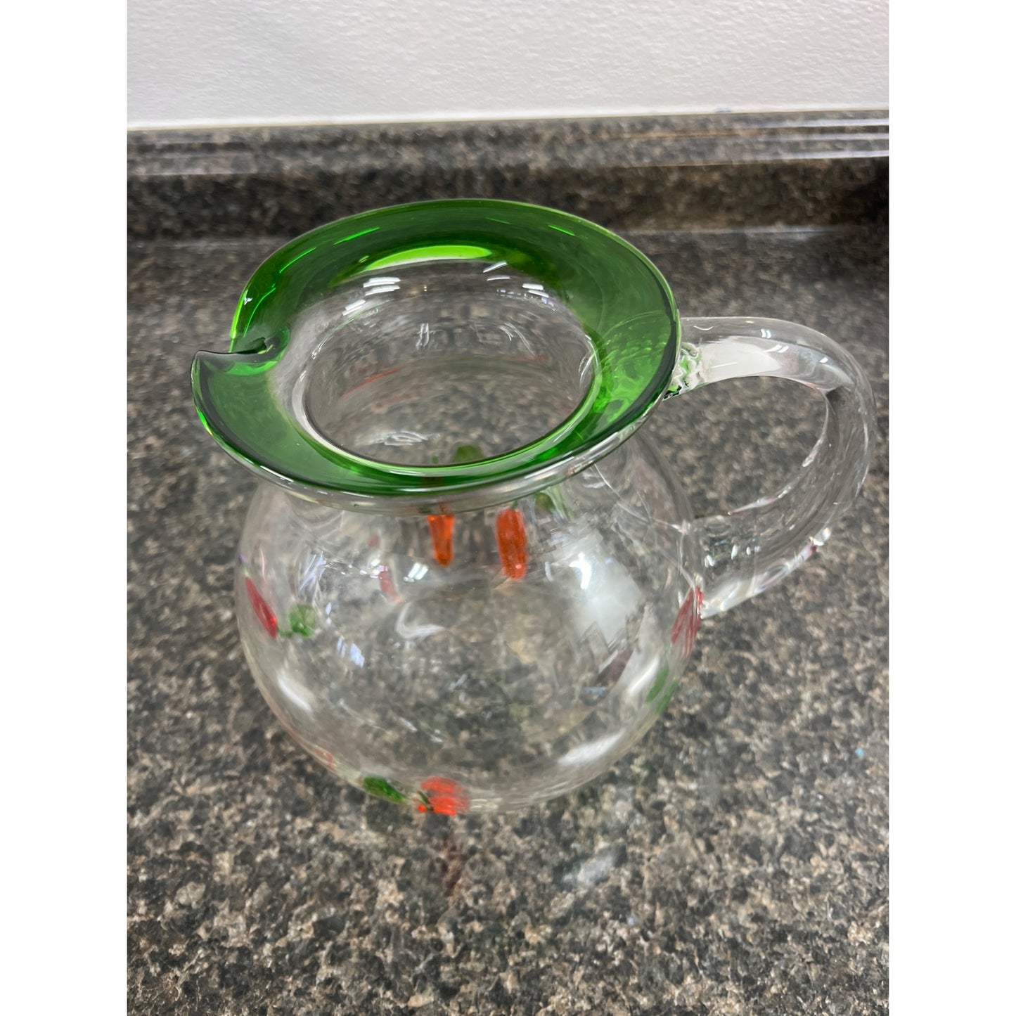 Large Hand Blown Green and Clear Glass Pitcher with Red Chili Peppers
