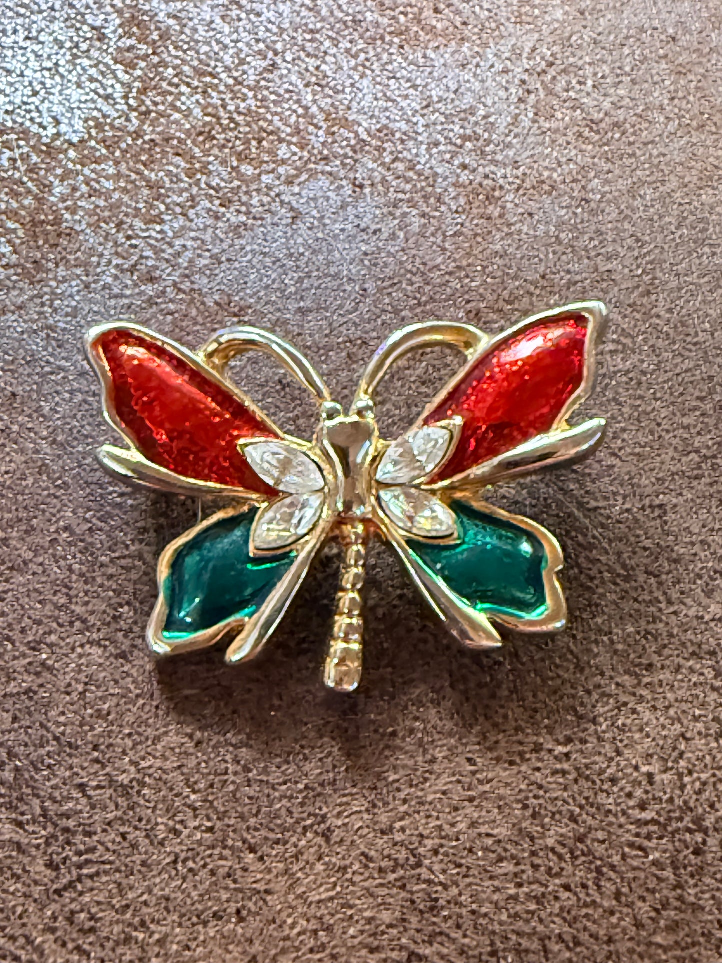 A Gold-Tone Metal Butterfly bBrooch with Enamel and Rhinestones