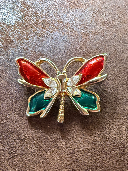 A Gold-Tone Metal Butterfly bBrooch with Enamel and Rhinestones