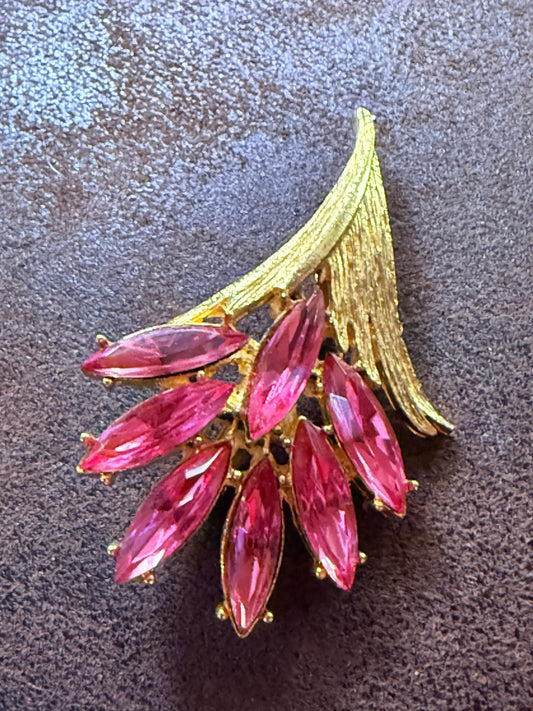 Vintage Gold-tone Brooch with Pink Marquise-cut Rhinestones
