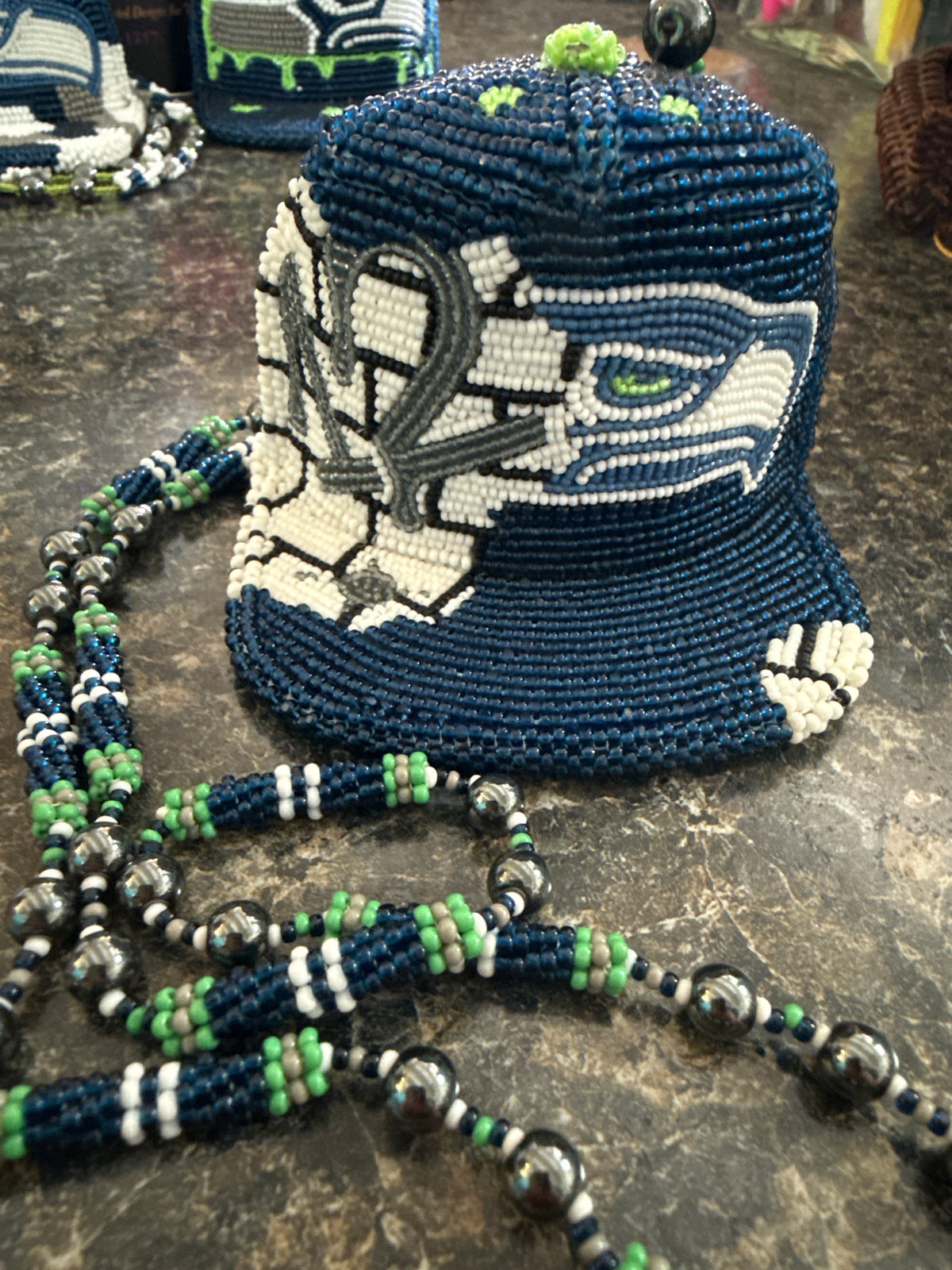 Hand Beaded Seattle Seahawk Hat Necklace