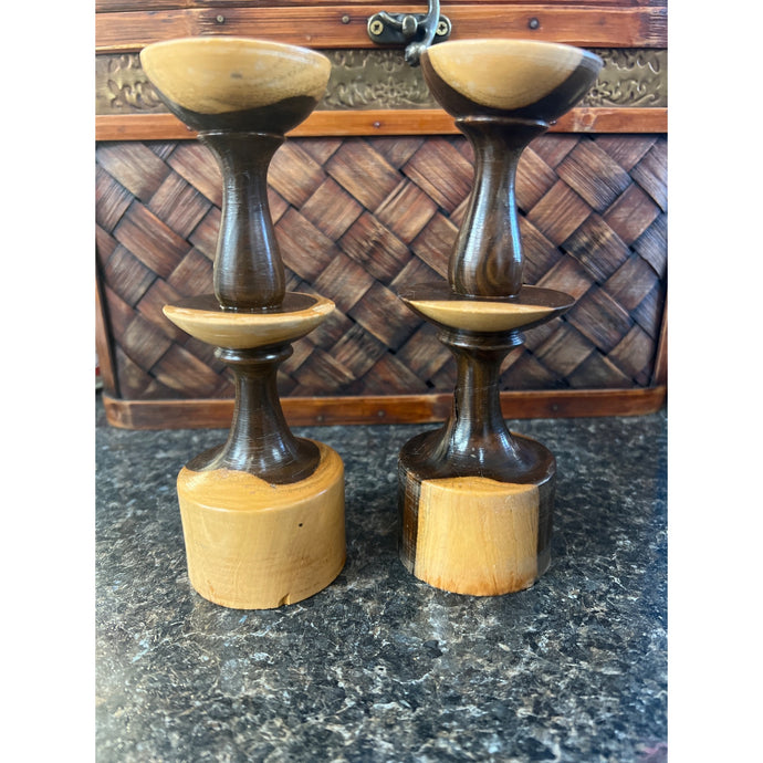 Vintage Hand Turned Pair of wooden Taper Candlestick Holders Two Toned