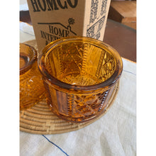 Load image into Gallery viewer, 1970s Homco Interiors Stars and Bars Honey Amber Glass Fairy Lamp with original box
