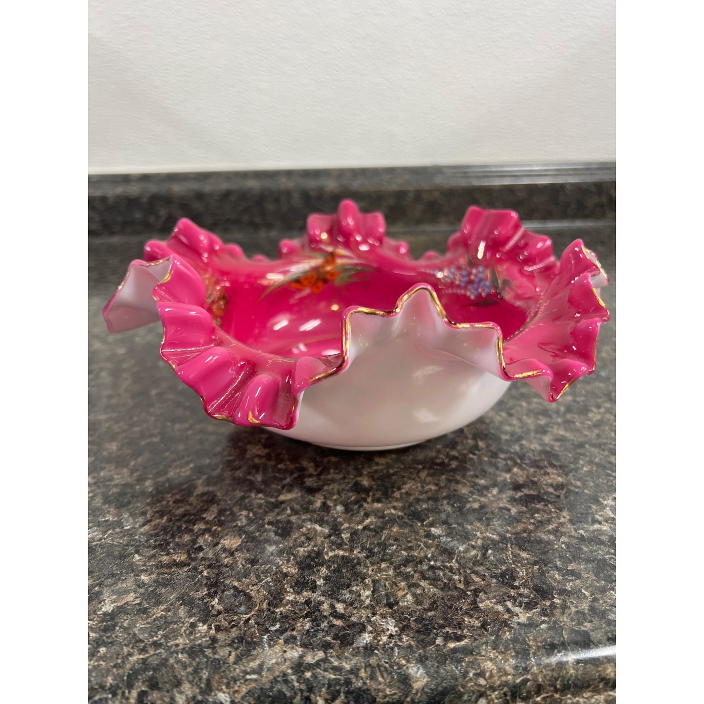 Vintage Hand Painted Pink Hand Blown Glass Bowl Bowl with Ruffled Edges, Butterflies and Wild Flowers Signed