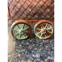 Load image into Gallery viewer, Vintage Frankoma Prairie Green Wagon Wheel Salt &amp; Pepper Shakers
